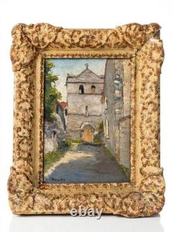 Tableau huile église village signé Remy-Gry Cadre doré ancien
