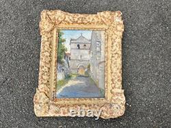 Tableau huile église village signé Remy-Gry Cadre doré ancien