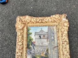 Tableau huile église village signé Remy-Gry Cadre doré ancien
