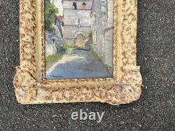 Tableau huile église village signé Remy-Gry Cadre doré ancien