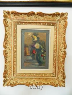 Tableau huile sur carton ancien, Nature Morte avec 2 vases, signé