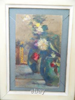 Tableau huile sur carton ancien, Nature Morte avec 2 vases, signé