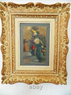 Tableau huile sur carton ancien, Nature Morte avec 2 vases, signé