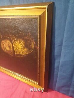 Tableau huile sur toile encadré Portrait ancien de pompier ou militaire