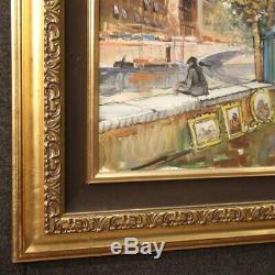 Tableau huile sur toile peinture vue de Paris paysage signé style ancien 900