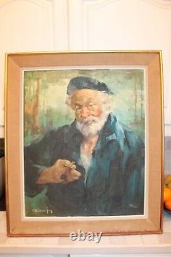 Tableau huile sur toile vieil homme à la pipe voir basque signé tableau ancien