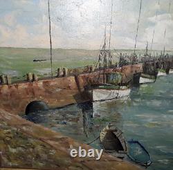 Tableau marine Bretagne ancienne jetée bateau thoniers de Concarneau hst signé