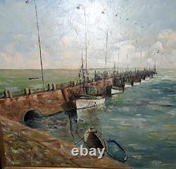 Tableau marine Bretagne ancienne jetée bateau thoniers de Concarneau hst signé