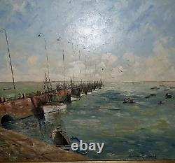 Tableau marine Bretagne ancienne jetée bateau thoniers de Concarneau hst signé