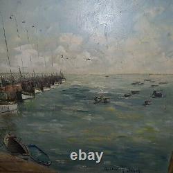 Tableau marine Bretagne ancienne jetée bateau thoniers de Concarneau hst signé