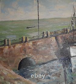 Tableau marine Bretagne ancienne jetée bateau thoniers de Concarneau hst signé