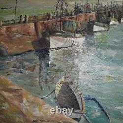 Tableau marine Bretagne ancienne jetée bateau thoniers de Concarneau hst signé