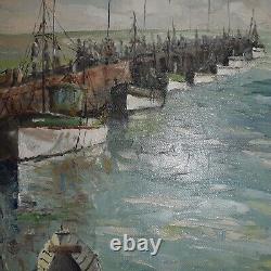 Tableau marine Bretagne ancienne jetée bateau thoniers de Concarneau hst signé