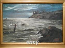 Tableau marine ancien peinture bord mer océan bateau chateau Bretagne breton