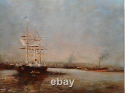 Tableau marine peinture Paul BOUTRY port voilier navire bateau vapeur ancien