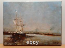 Tableau marine peinture Paul BOUTRY port voilier navire bateau vapeur ancien