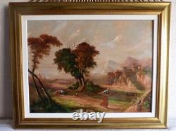 Tableau peinture ancienne 19 siècle XIX paysage duelliste duel chateau fort