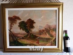 Tableau peinture ancienne 19 siècle XIX paysage duelliste duel chateau fort