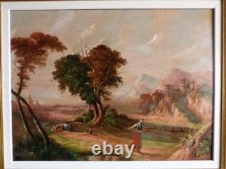 Tableau peinture ancienne 19 siècle XIX paysage duelliste duel chateau fort