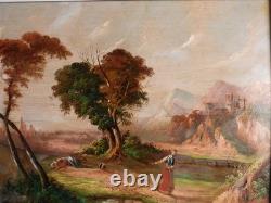 Tableau peinture ancienne 19 siècle XIX paysage duelliste duel chateau fort