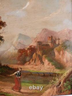 Tableau peinture ancienne 19 siècle XIX paysage duelliste duel chateau fort