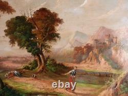 Tableau peinture ancienne 19 siècle XIX paysage duelliste duel chateau fort