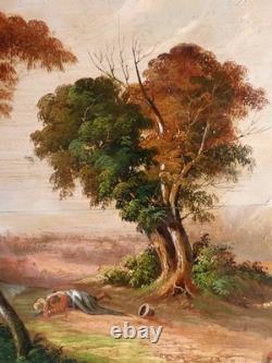 Tableau peinture ancienne 19 siècle XIX paysage duelliste duel chateau fort