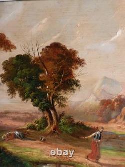 Tableau peinture ancienne 19 siècle XIX paysage duelliste duel chateau fort