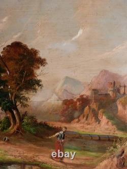 Tableau peinture ancienne 19 siècle XIX paysage duelliste duel chateau fort