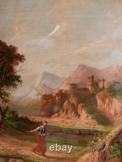 Tableau peinture ancienne 19 siècle XIX paysage duelliste duel chateau fort