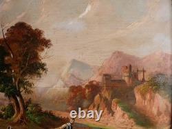 Tableau peinture ancienne 19 siècle XIX paysage duelliste duel chateau fort