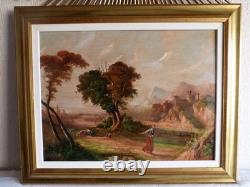 Tableau peinture ancienne 19 siècle XIX paysage duelliste duel chateau fort
