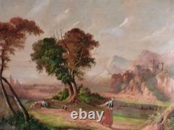 Tableau peinture ancienne 19 siècle XIX paysage duelliste duel chateau fort