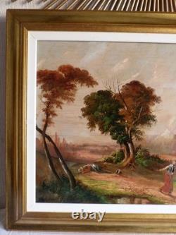 Tableau peinture ancienne 19 siècle XIX paysage duelliste duel chateau fort