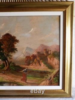 Tableau peinture ancienne 19 siècle XIX paysage duelliste duel chateau fort