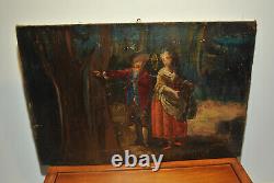 Tableau peinture ancienne 19 siècle XIX scéne galante paysage campagne sous bois