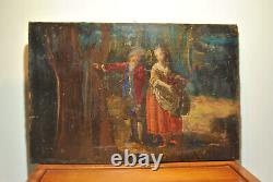 Tableau peinture ancienne 19 siècle XIX scéne galante paysage campagne sous bois