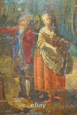 Tableau peinture ancienne 19 siècle XIX scéne galante paysage campagne sous bois
