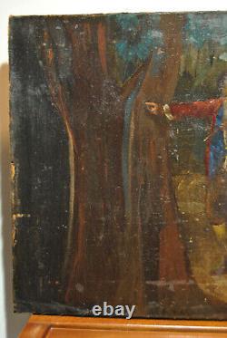 Tableau peinture ancienne 19 siècle XIX scéne galante paysage campagne sous bois