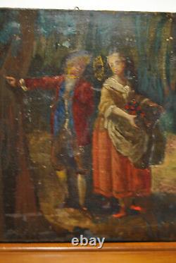 Tableau peinture ancienne 19 siècle XIX scéne galante paysage campagne sous bois