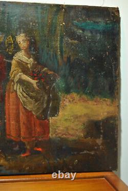 Tableau peinture ancienne 19 siècle XIX scéne galante paysage campagne sous bois