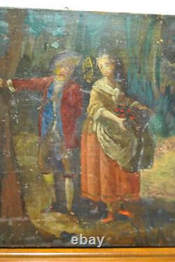 Tableau peinture ancienne 19 siècle XIX scéne galante paysage campagne sous bois
