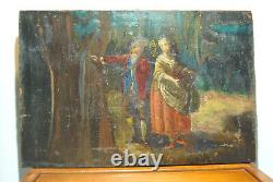 Tableau peinture ancienne 19 siècle XIX scéne galante paysage campagne sous bois