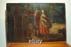 Tableau peinture ancienne 19 siècle XIX scéne galante paysage campagne sous bois