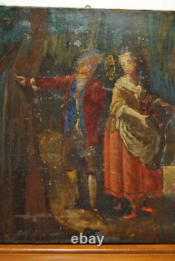Tableau peinture ancienne 19 siècle XIX scéne galante paysage campagne sous bois