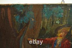 Tableau peinture ancienne 19 siècle XIX scéne galante paysage campagne sous bois