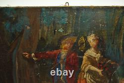 Tableau peinture ancienne 19 siècle XIX scéne galante paysage campagne sous bois