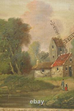Tableau peinture ancienne 19 siècle paysage campagne moulin gout barbizon