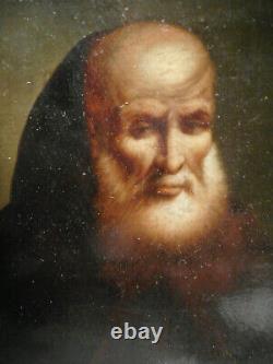 Tableau peinture ancienne 19 siècle portrait buste viel homme religieux barbu