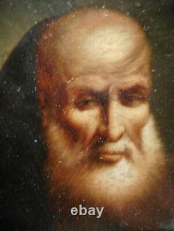 Tableau peinture ancienne 19 siècle portrait buste viel homme religieux barbu